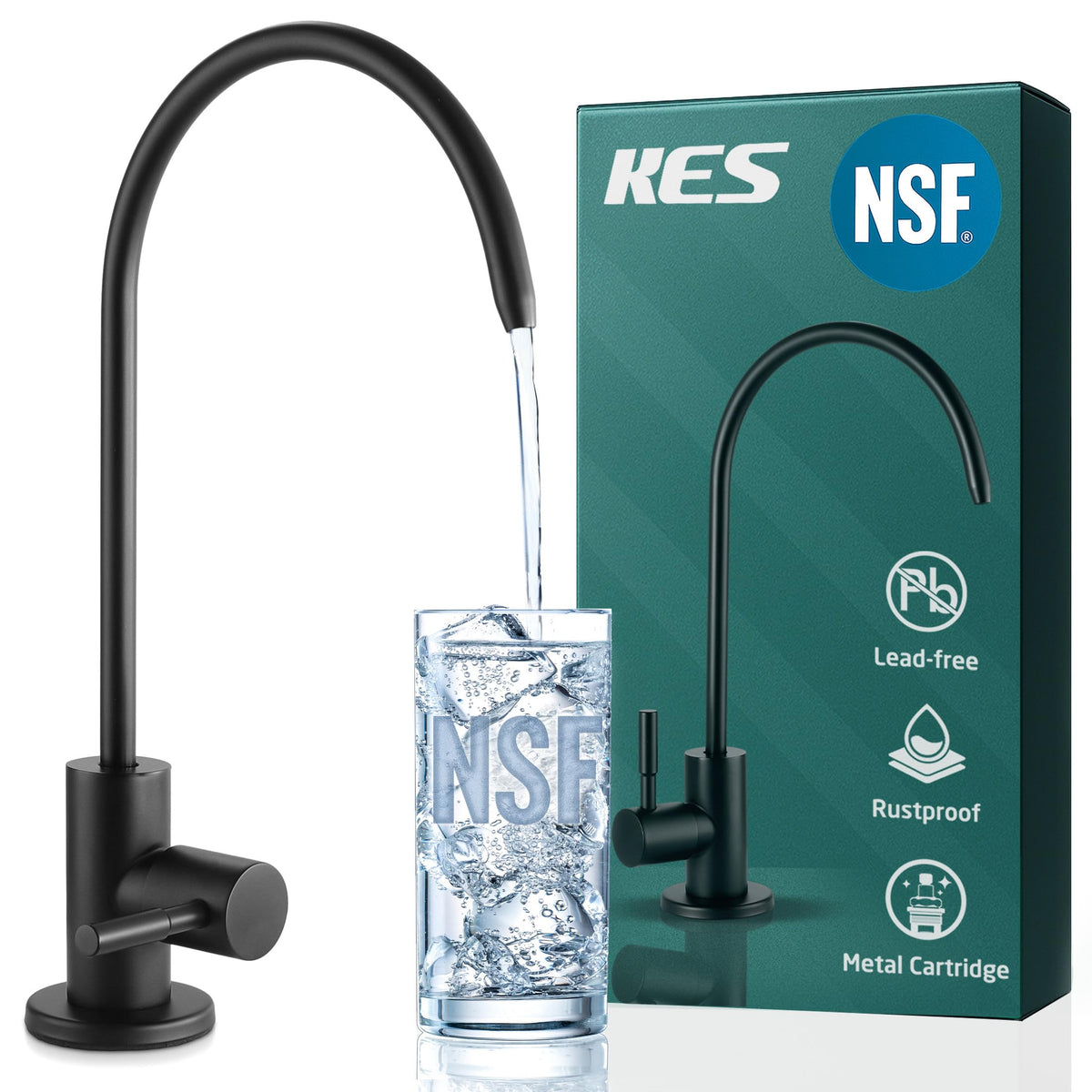 KES RO faucet matte black front view, modern kitchen style with lead-free design