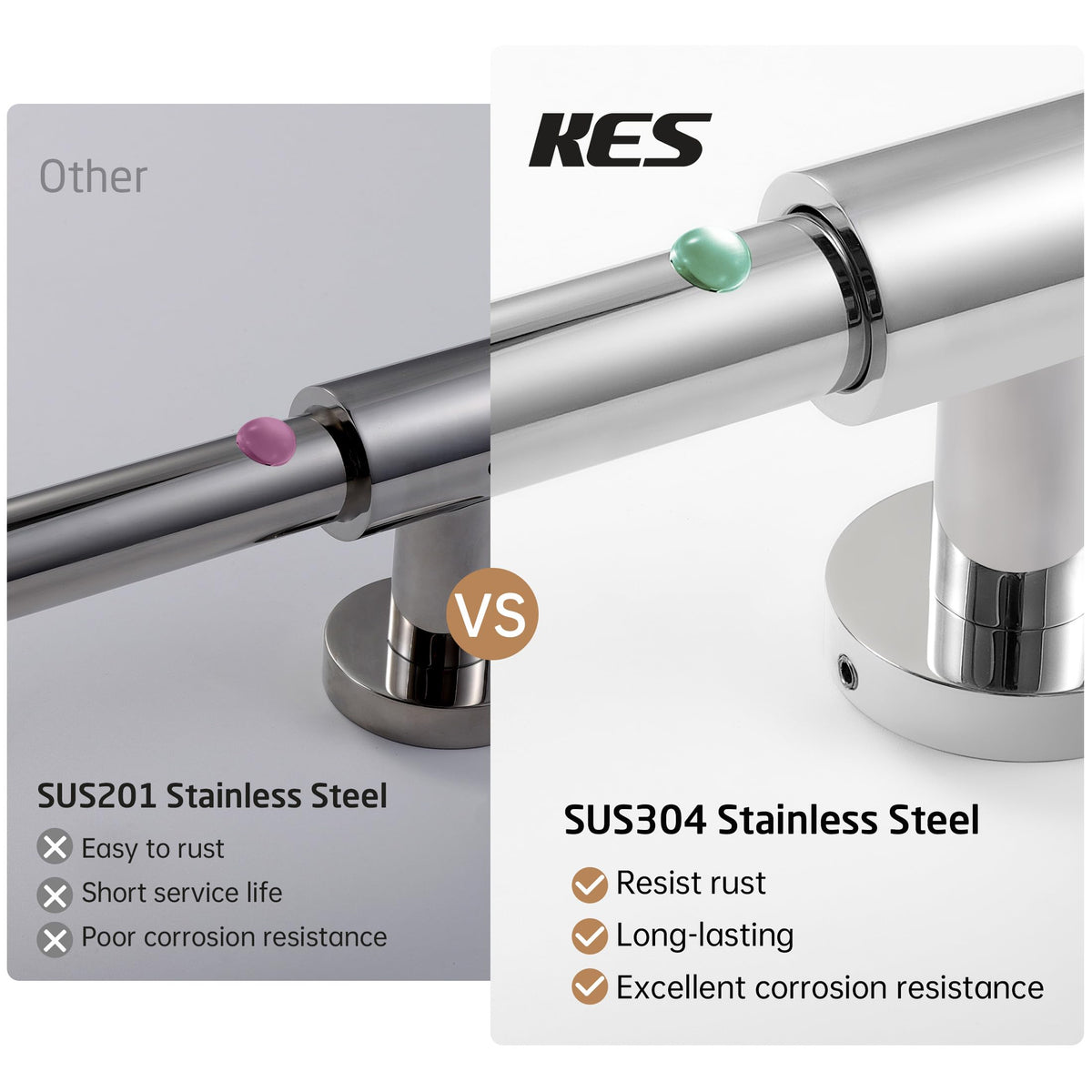 KES SUS304 stainless steel resists rust in humid bathrooms