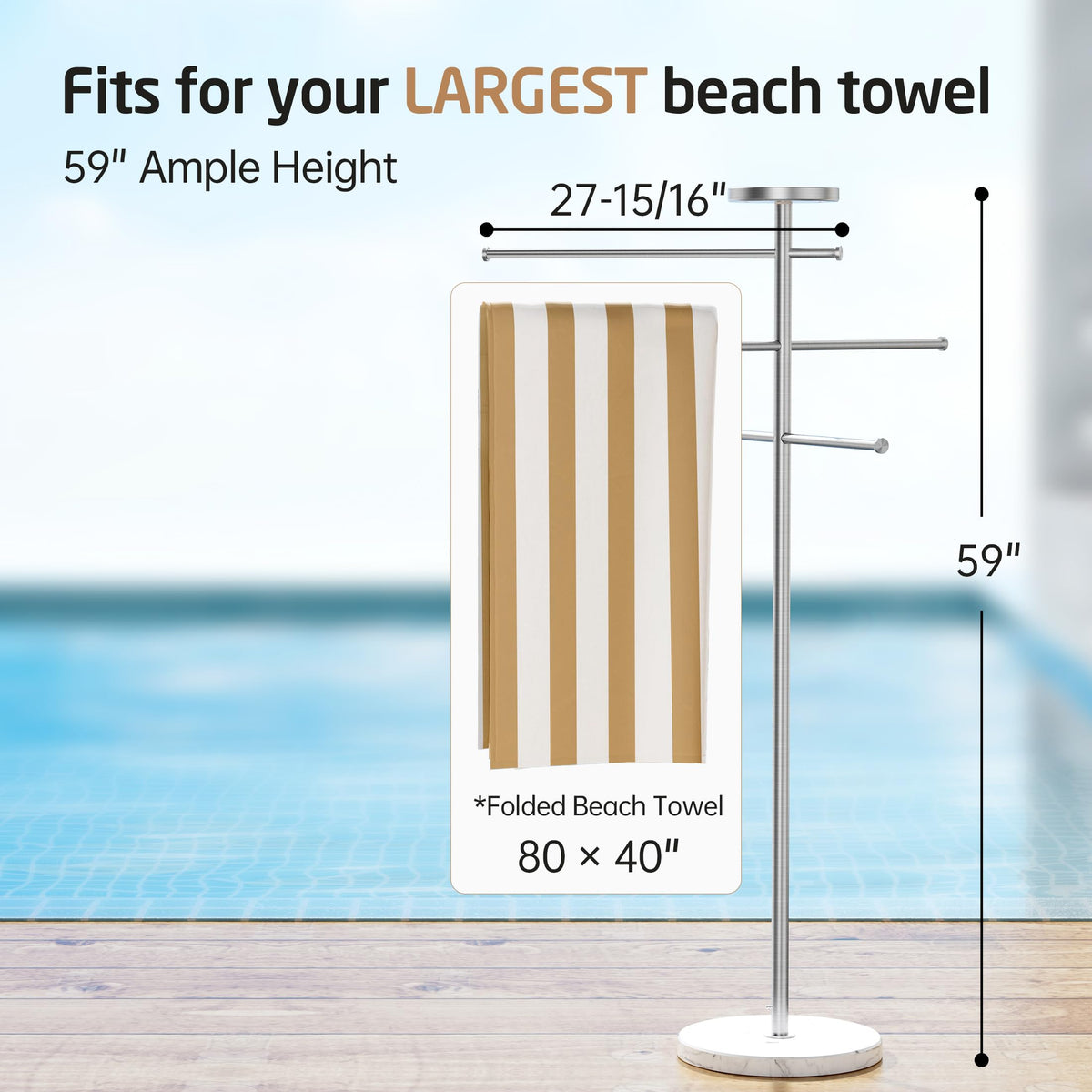 KES wind-stable outdoor towel rack fits poolside or spa areas.