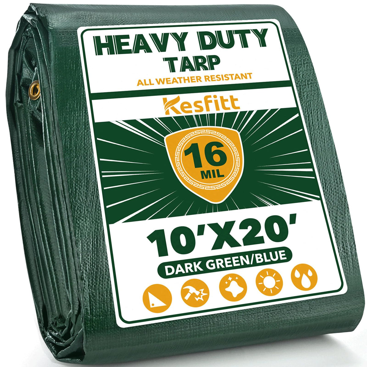 Kesfitt 16mil heavy-duty tarp in dark green and blue, reversible for versatile outdoor coverage.