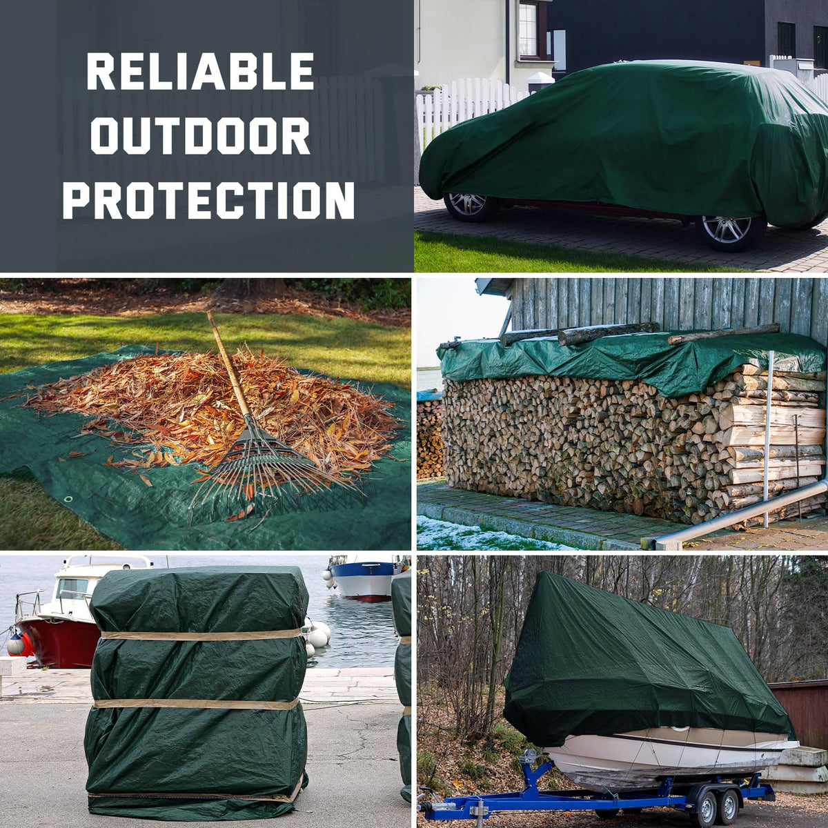Kesfitt dark green and blue reversible tarp ready for yard, garden, and camping use.