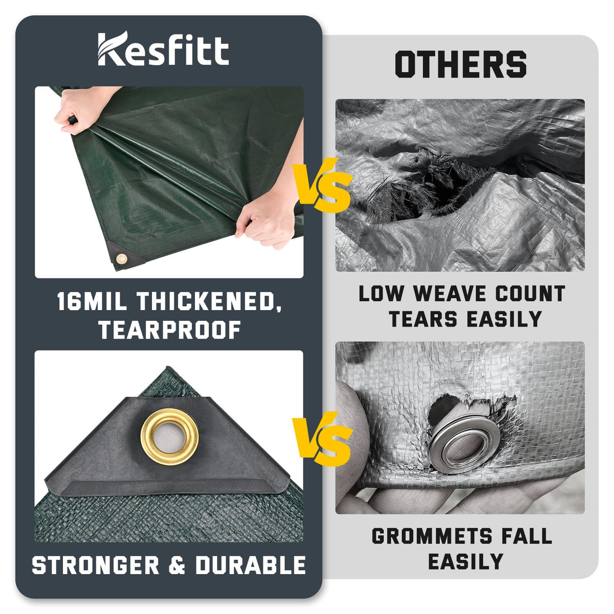 Kesfitt tarp with reinforced plastic corners enhances edge strength when secured.