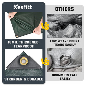 Kesfitt tarp with reinforced plastic corners enhances edge strength when secured.