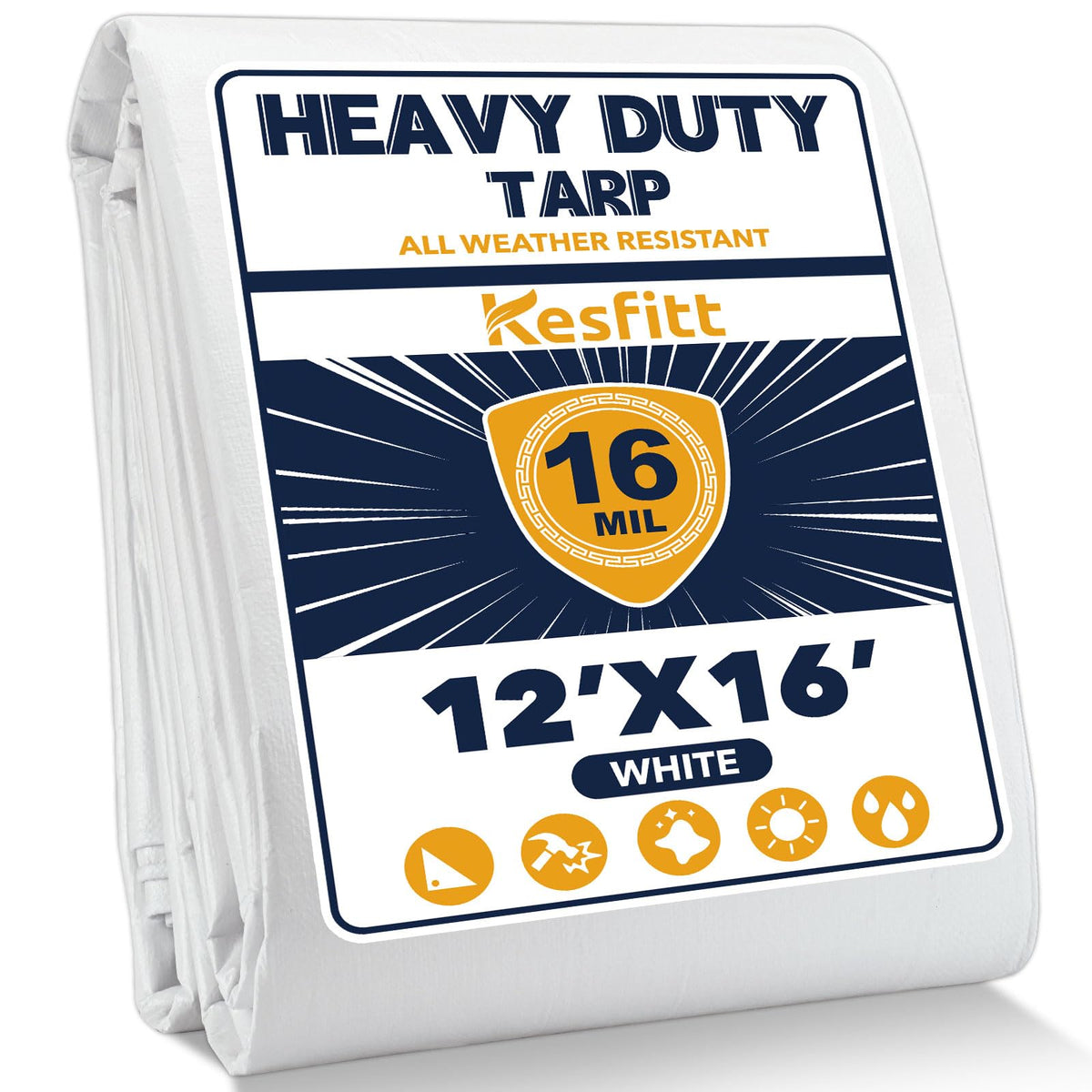 Kesfitt heavy-duty tarp 12x16 white cover for outdoor protection against rain
