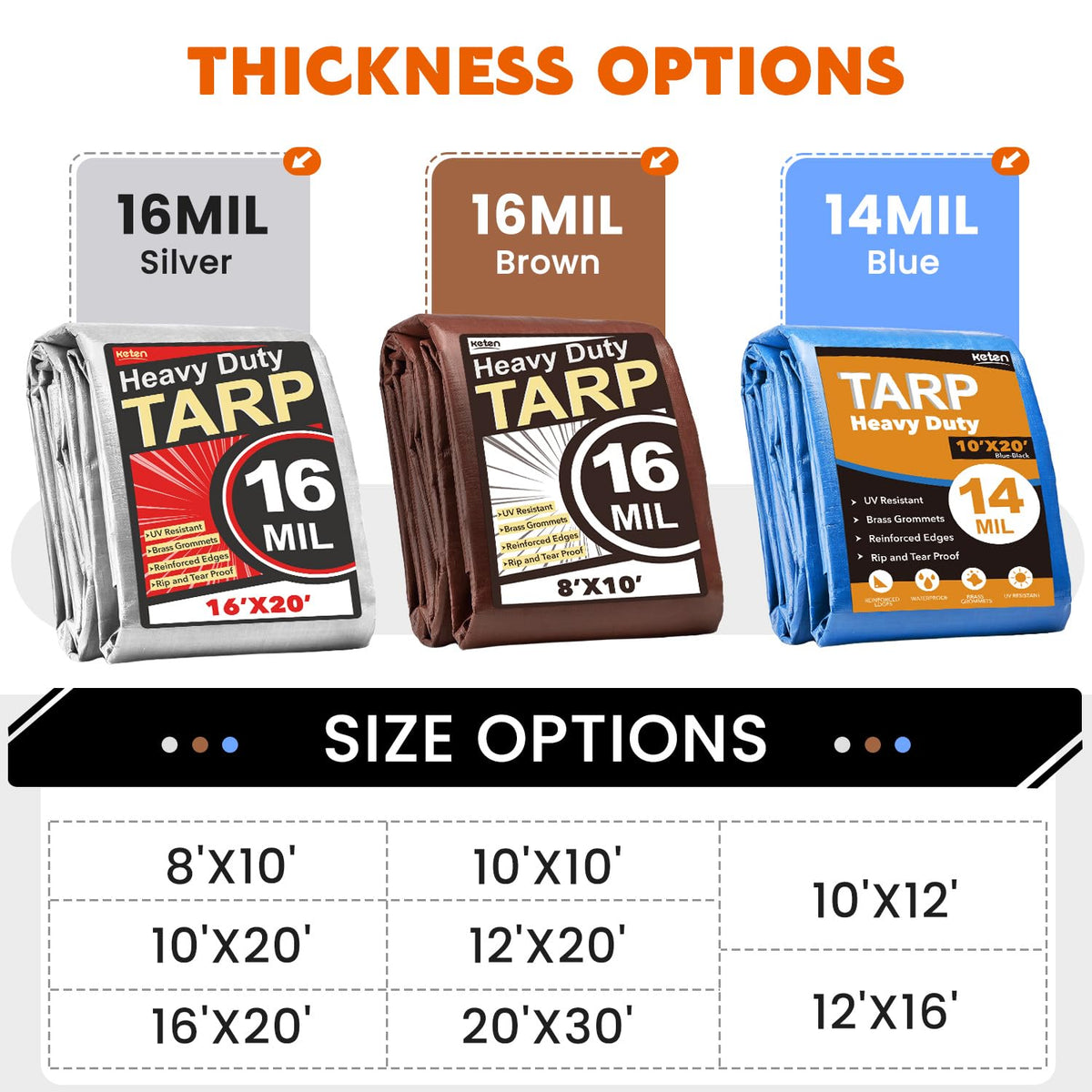 Keten tarp with reinforced grommets spaced every 23 inches for secure anchoring.