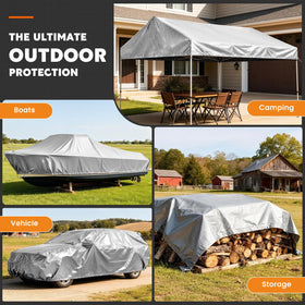 Keten tarp shields furniture and equipment from dust and moisture.