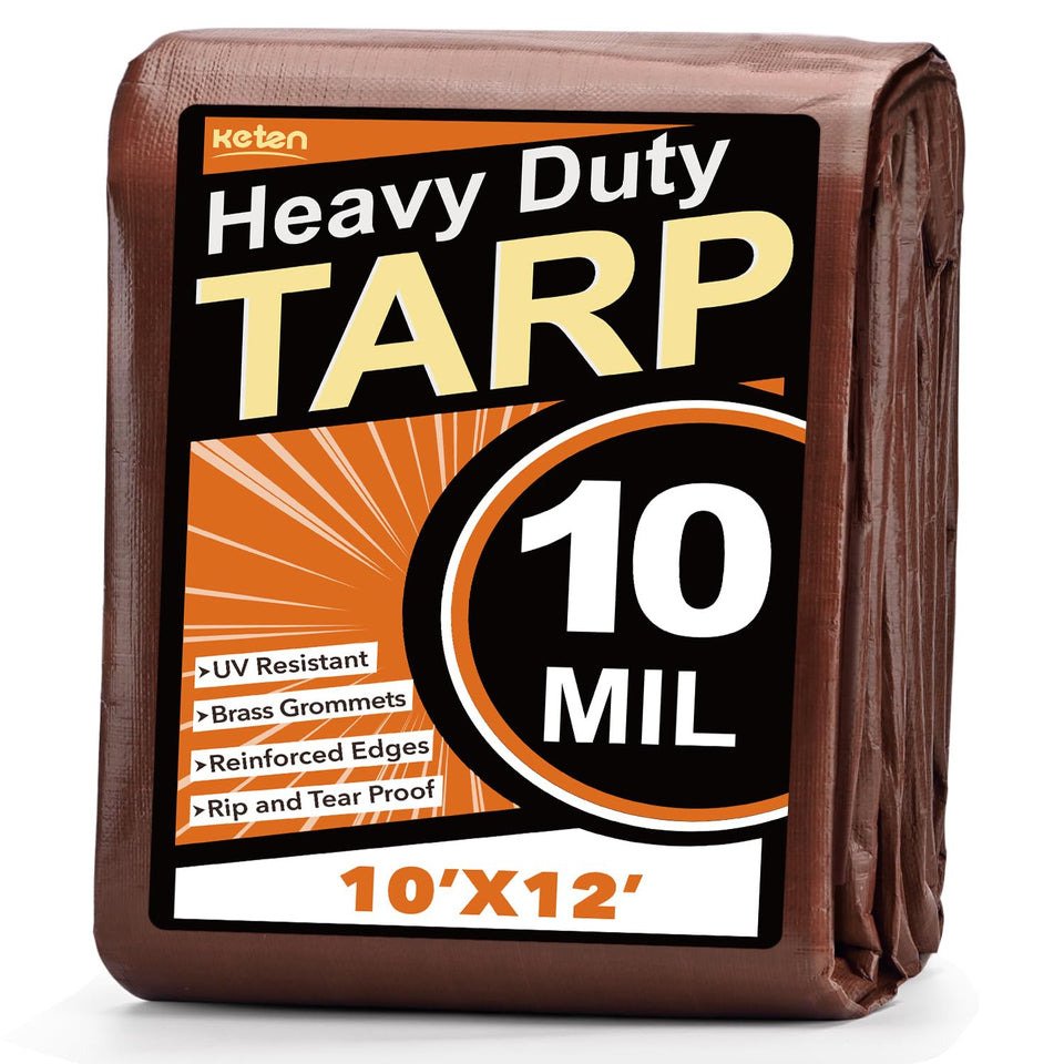 Keten Tarps heavy-duty outer tarp protecting gear from sun and rain.