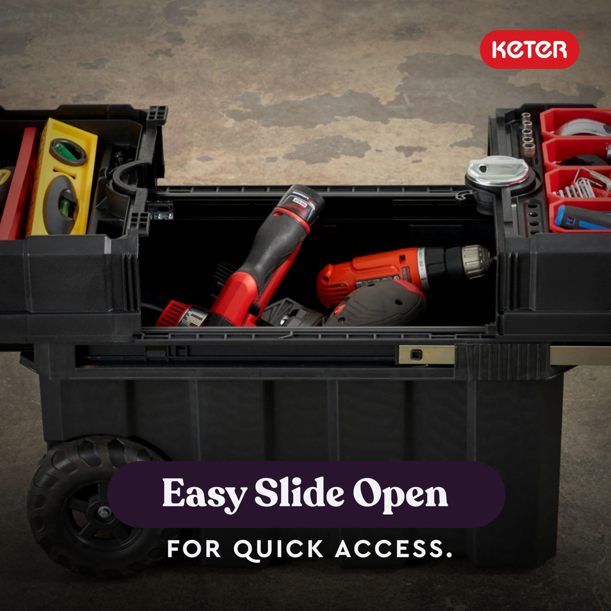 Keter Masterloader bottom deep storage fits large tools like drill