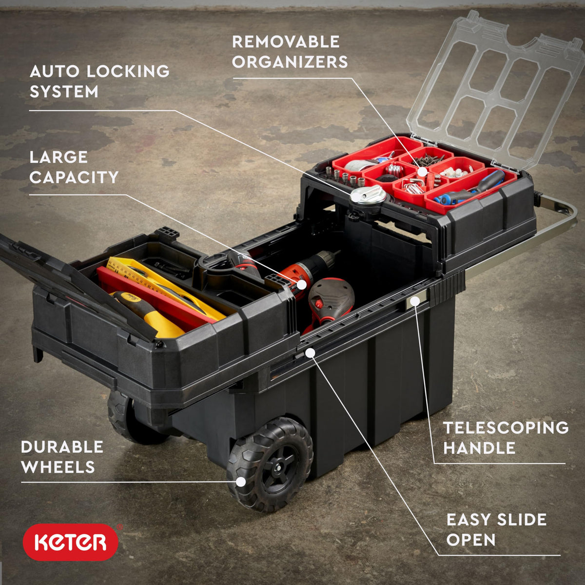 Keter Masterloader removable bins organize small parts for quick access