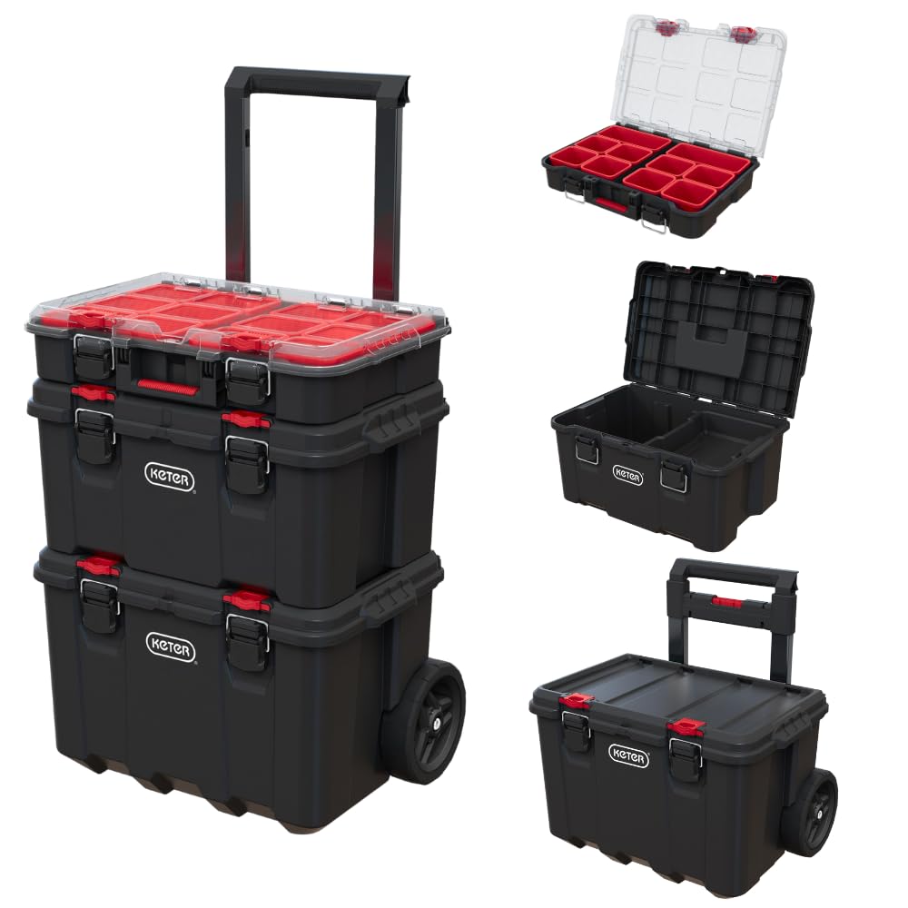 Keter Stack-n-Roll cart demonstrates modular system for easy garage organization.