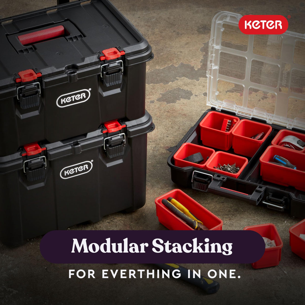 Keter Stack-n-Roll drawer lock-bar keeps contents secure during transport.