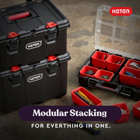 Keter Stack-n-Roll drawer lock-bar keeps contents secure during transport.
