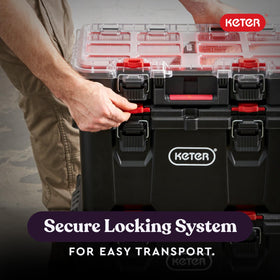 Keter Stack-n-Roll interlocking system enables flexible workstation setup.