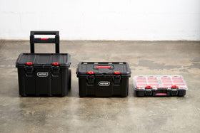 Keter Stack-n-Roll mobile storage makes tool transport easy on site.
