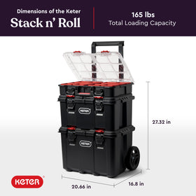 Keter Stack-n-Roll organizer with clear small parts view for sorting.