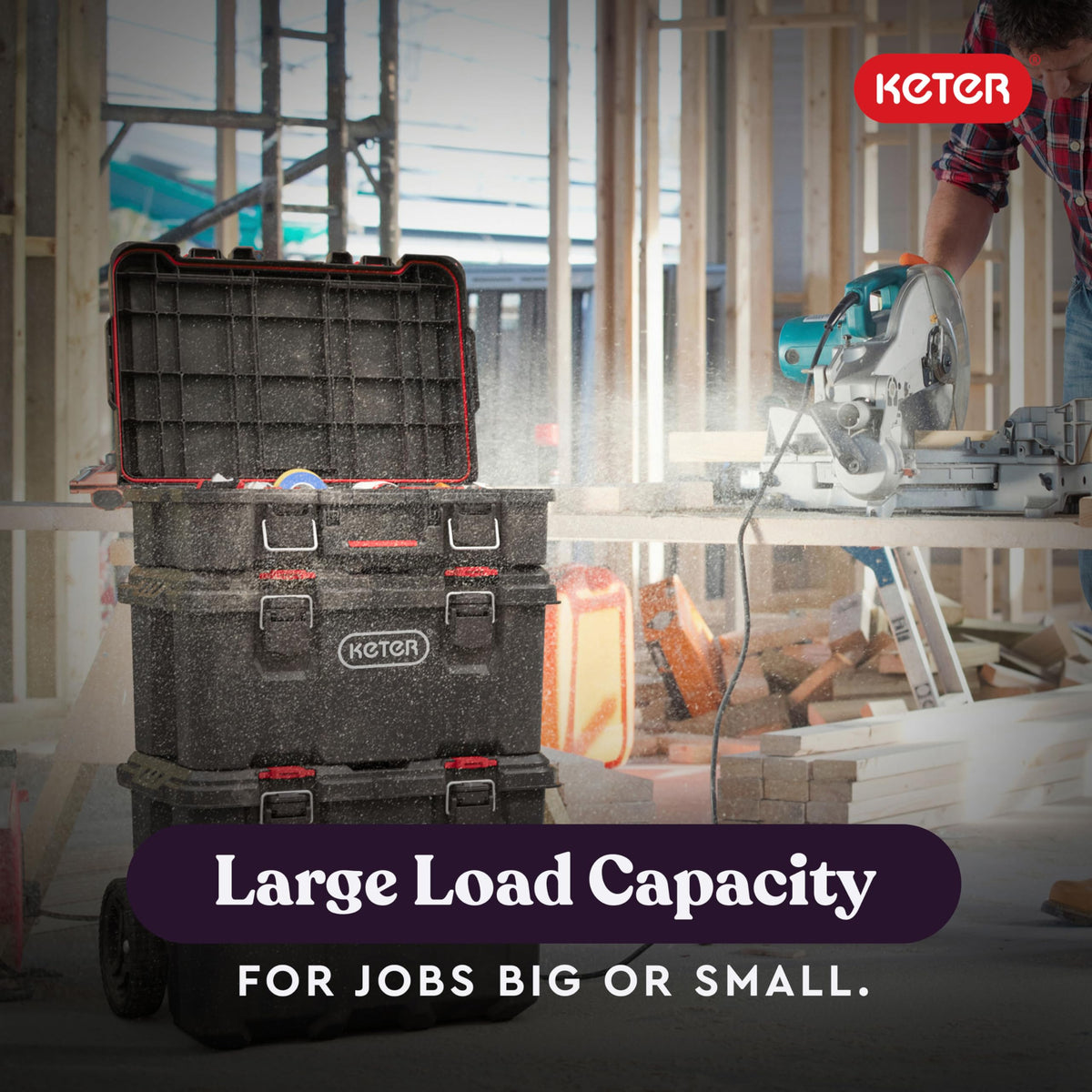 Keter Stack-n-Roll resin construction offers durable, lightweight design.
