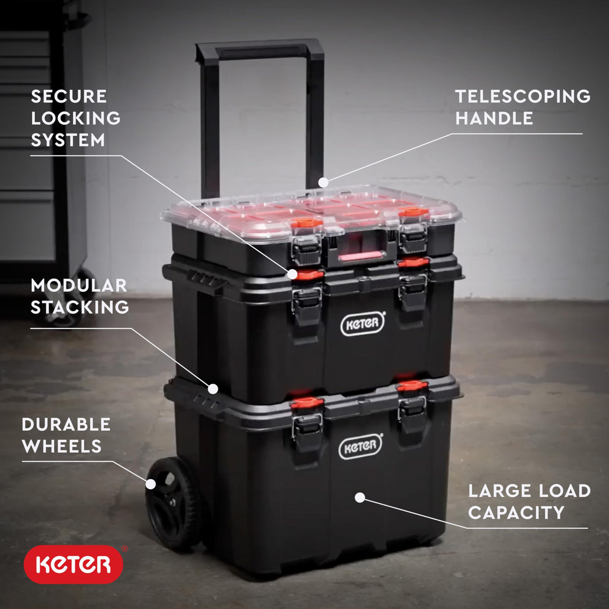 Keter Stack-n-Roll toolbox shown for quick tool access on projects.