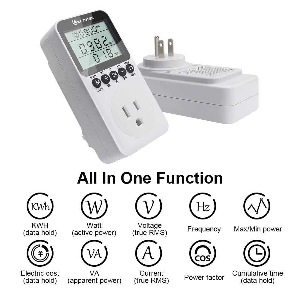 KETOTEK energy monitor placed between outlet and device tracks power draw and cost awareness.