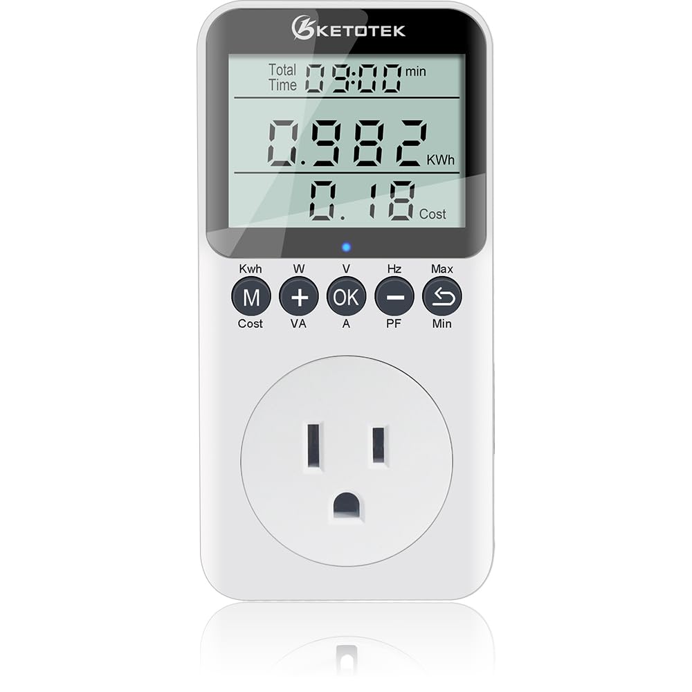 KETOTEK Watt Meter plug with LCD display shows real-time energy use for monitoring appliances.