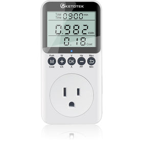 KETOTEK Watt Meter plug with LCD display shows real-time energy use for monitoring appliances.