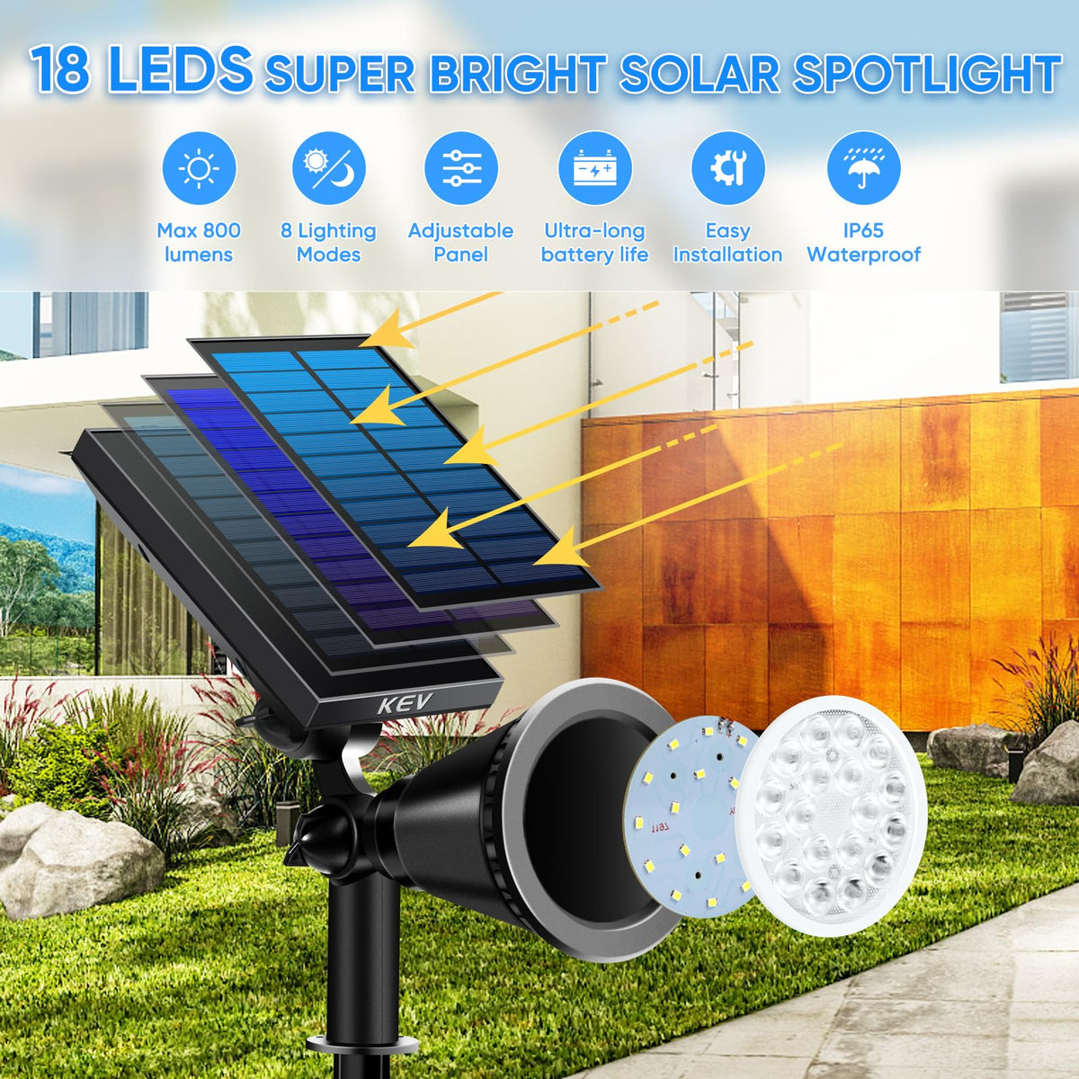 KEV solar spot light wall mount for flexible exterior installation.