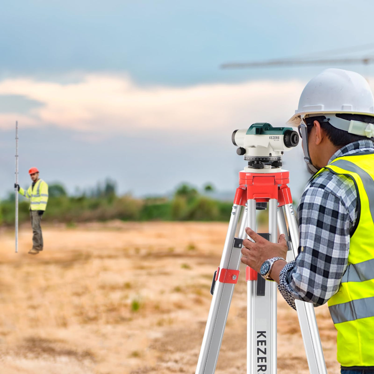 KEZERS aluminum survey tripod providing stable measurements on uneven ground