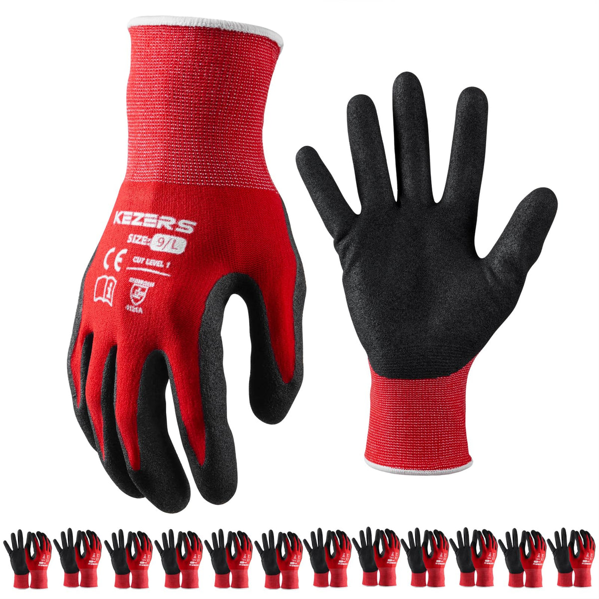 KEZERS nitrile-palm-grip gloves for secure handling in dry and wet conditions.