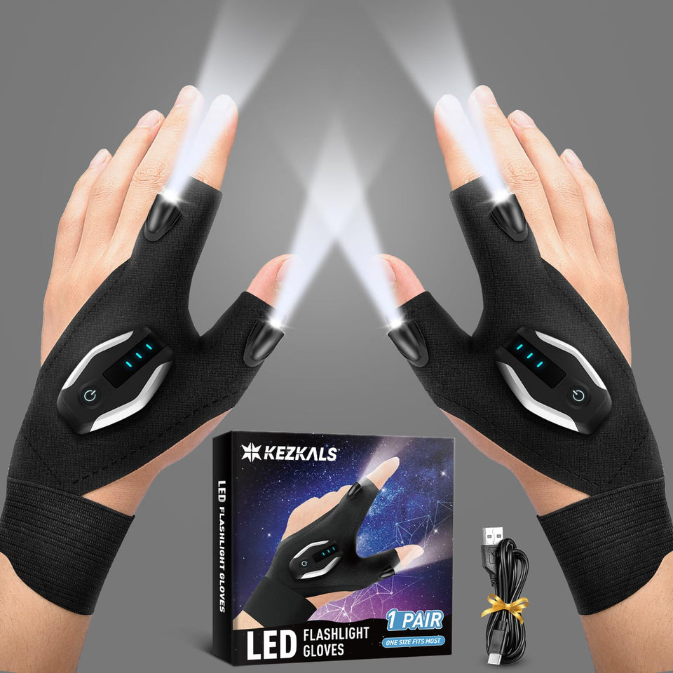 KEZKALS Rechargeable LED gloves in gift box, ready for Father's Day gifting.