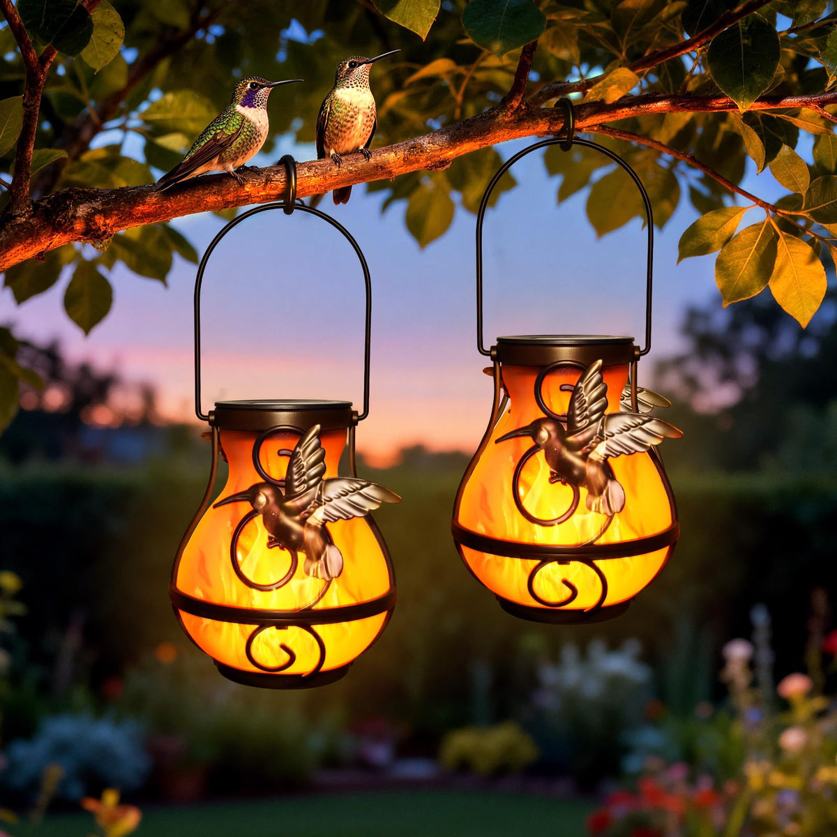 Khaornix two-pack solar lanterns with flickering flame for cozy hummingbird garden ambiance.