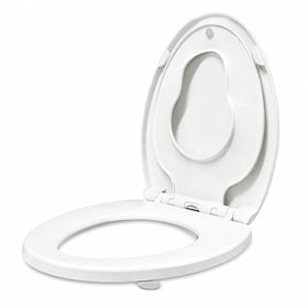 KHE elongated toilet seat with soft-close mechanism for quiet, smooth closing.