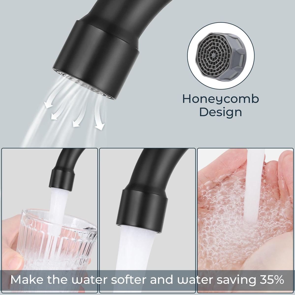 KHQF 360-degree swivel spout provides flexible reach in tight bathrooms