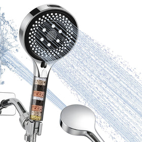 KHQF shower head closeup shows seven spray settings for customizable showers