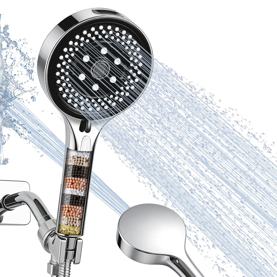 KHQF shower head closeup shows seven spray settings for customizable showers