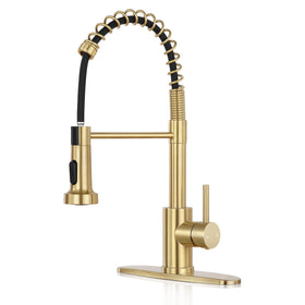 KHQF kitchen faucet pull-down sprayer in brushed gold; angled view shows versatile rinsing.