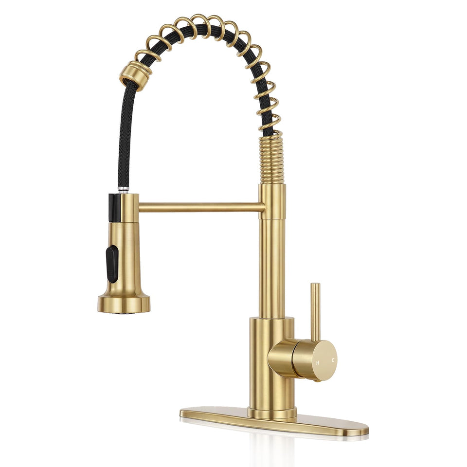 KHQF kitchen faucet pull-down sprayer in brushed gold; angled view shows versatile rinsing.