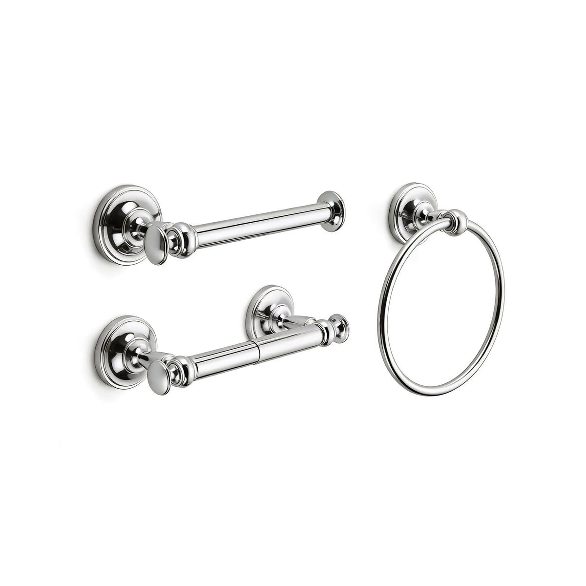 Khtumeware wall-mount bathroom hardware keeps rolls within reach.