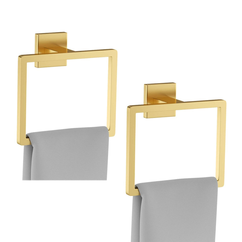 Kiakuoow brushed gold towel ring with square design enhances modern bathroom style.