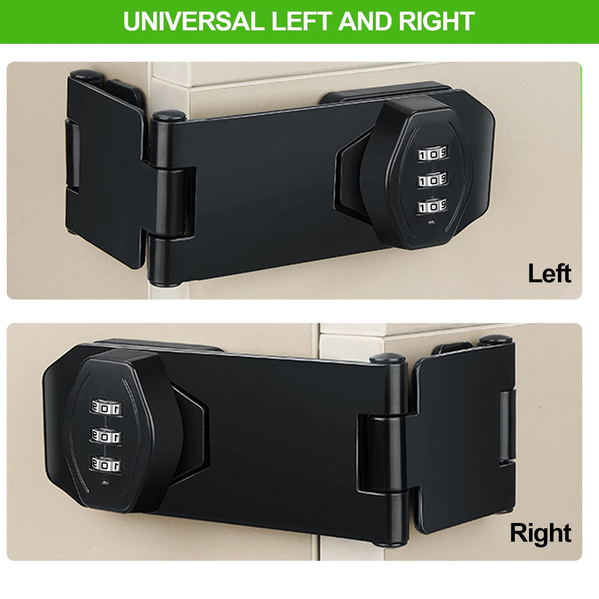 KIBBEH black hasp lock installed on a door demonstrates 90/180-degree compatibility.