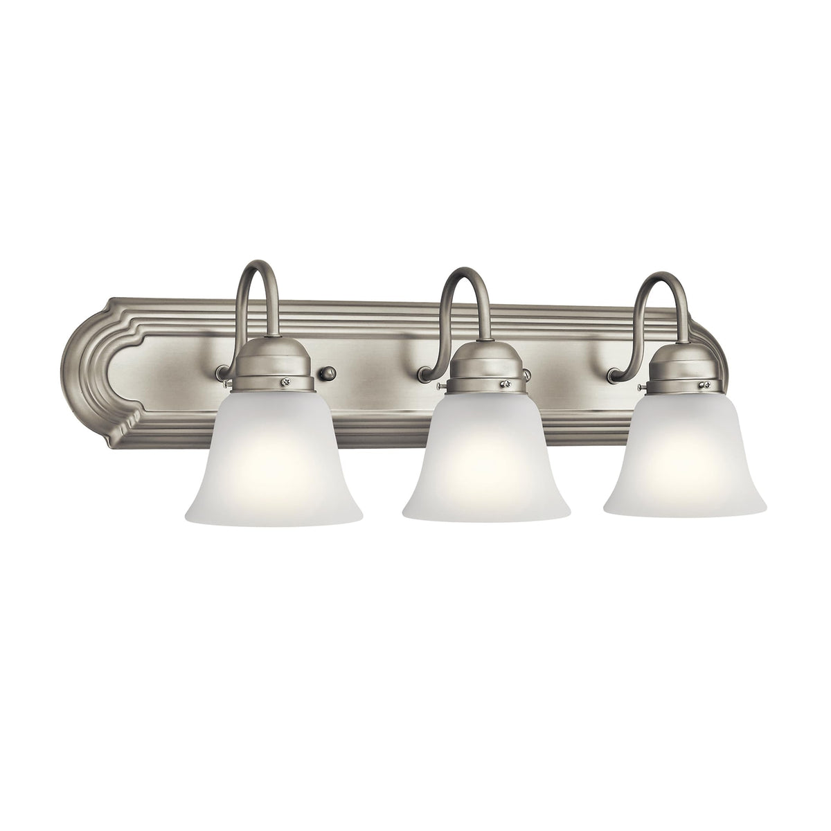 Kichler 24-inch 3-light vanity in brushed nickel with clear satin etched glass.