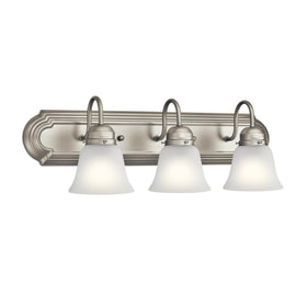 Kichler 24-inch 3-light vanity in brushed nickel with clear satin etched glass.