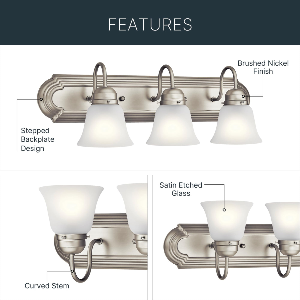 Kichler 3-light bath fixture with clear satin etched glass for bright illumination.