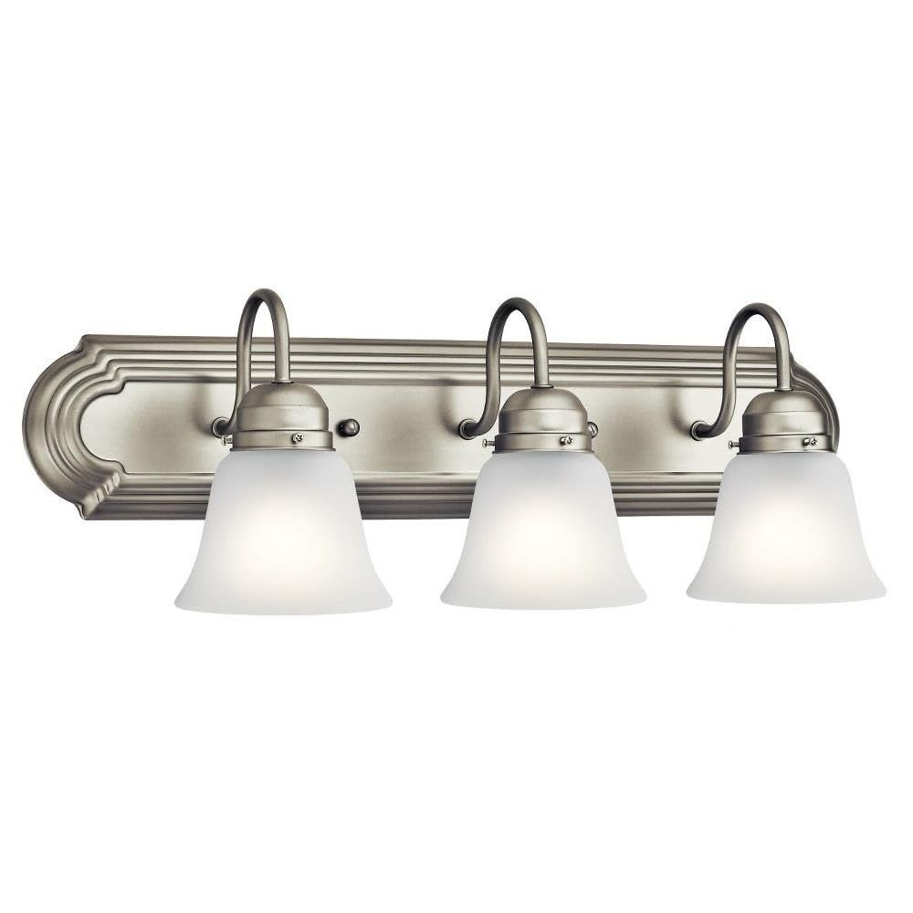 Kichler brushed nickel bath light with damp location compatibility.