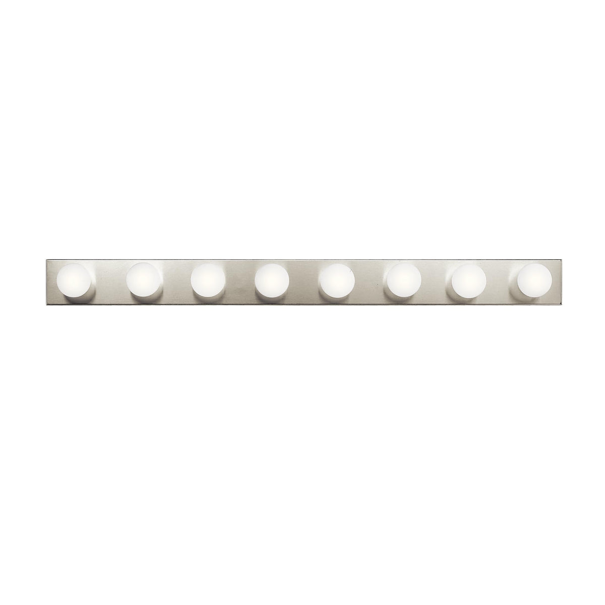 Kichler Linear vanity light with brushed nickel and globe shades for even makeup lighting