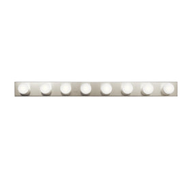 Kichler Linear vanity light with brushed nickel and globe shades for even makeup lighting