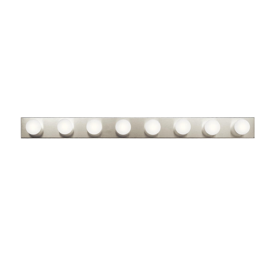 Kichler Linear vanity light with brushed nickel and globe shades for even makeup lighting