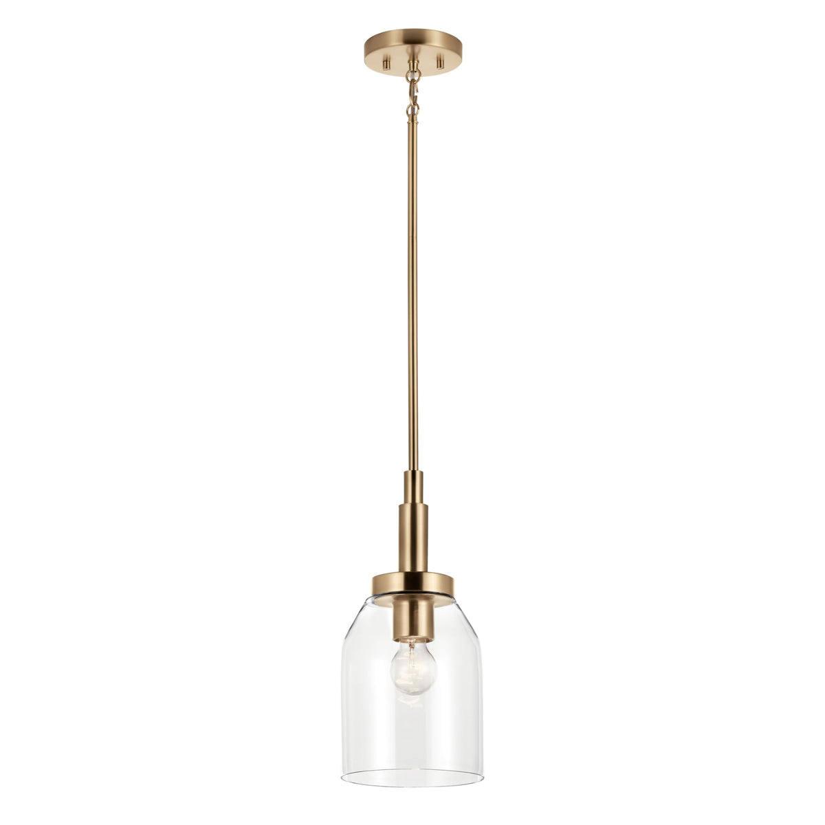 Kichler Madden 1-light mini pendant with clear glass shade over a kitchen island for bright task lighting