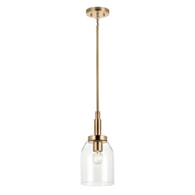 Kichler Madden 1-light mini pendant with clear glass shade over a kitchen island for bright task lighting