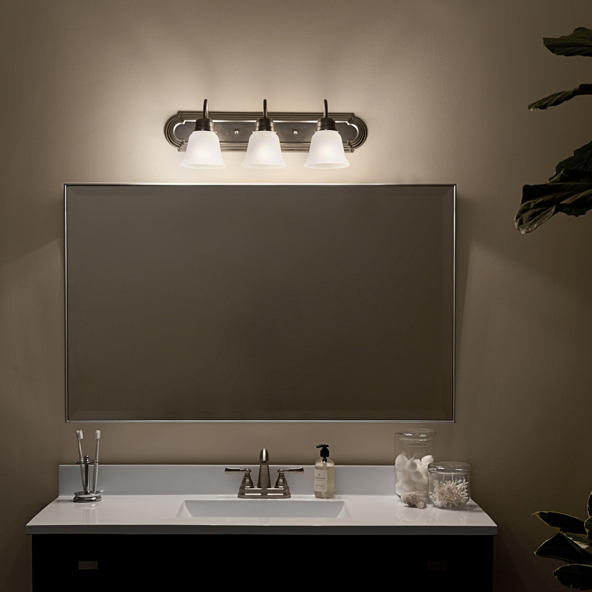 Kichler modern brushed-nickel vanity light for contemporary bathrooms.