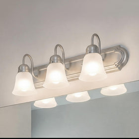 Kichler vanity light 24-inch highlights brushed nickel finish and glass shade.