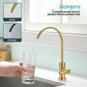 Kicimpro Gold RO faucet curved spout directs water center, reducing splash during filling.